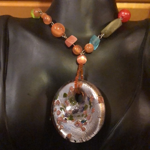 Orange & Green Beaded Necklace And Earrings With Glass Pendant - Picture 3 of 14